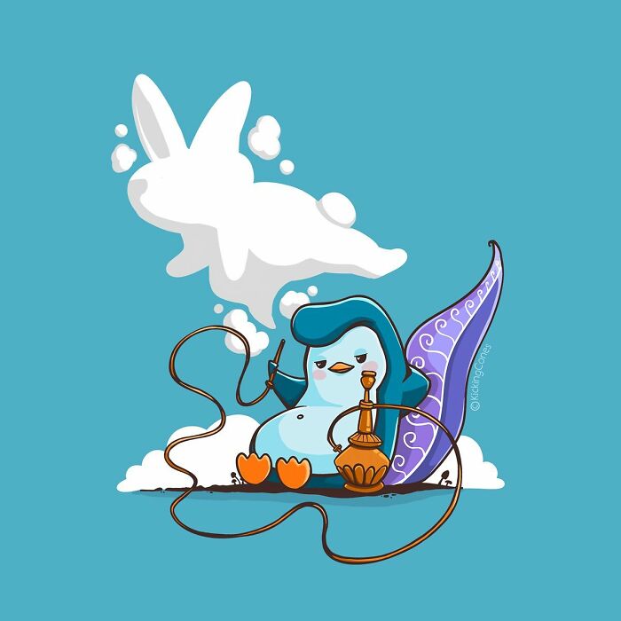 Cute humor artwork featuring a relaxed bird character creating a rabbit-shaped smoke figure with wholesome wordplay style.