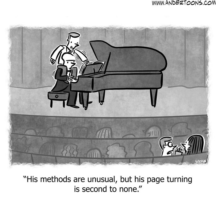 Cartoonist’s one-panel comic shows clever humor with a pianist and an unusual page-turner on stage.