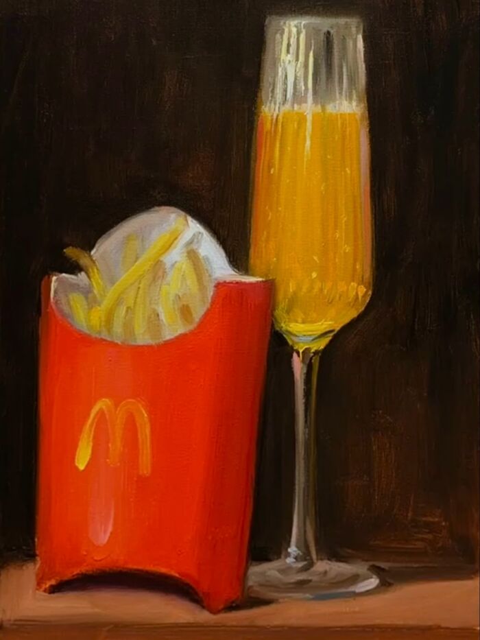 Classical art style painting of modern-day fast food fries in a red container paired with a glass of orange beverage.
