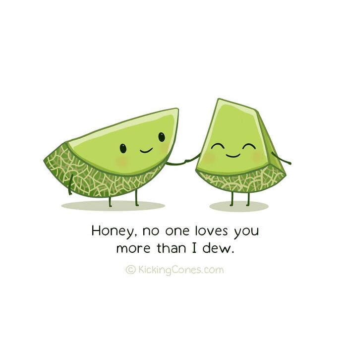 Cute humor illustration with wholesome wordplay featuring two smiling melon slices holding hands and punning.