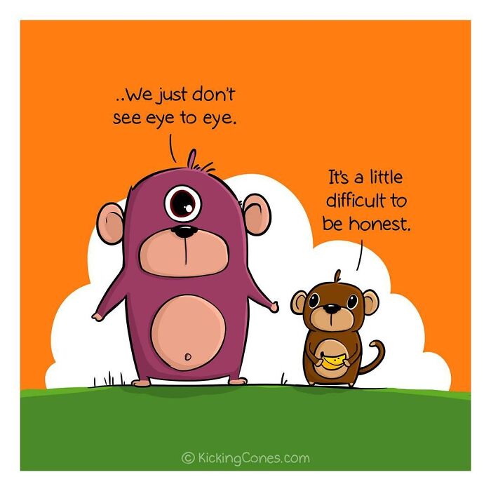Illustration from artist-made comics featuring a one-eyed bear and monkey discussing honesty with humor.