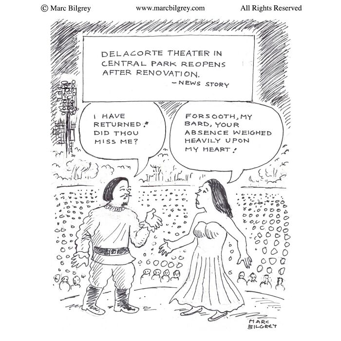 Marc Bilgrey cartoon depicting a humorous theater scene with witty dialogue in a one-panel comic style.
