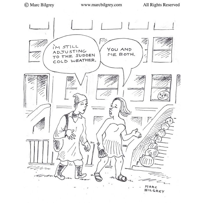 Two women discuss cold weather outside a building in a witty one-panel cartoon by Marc Bilgrey.