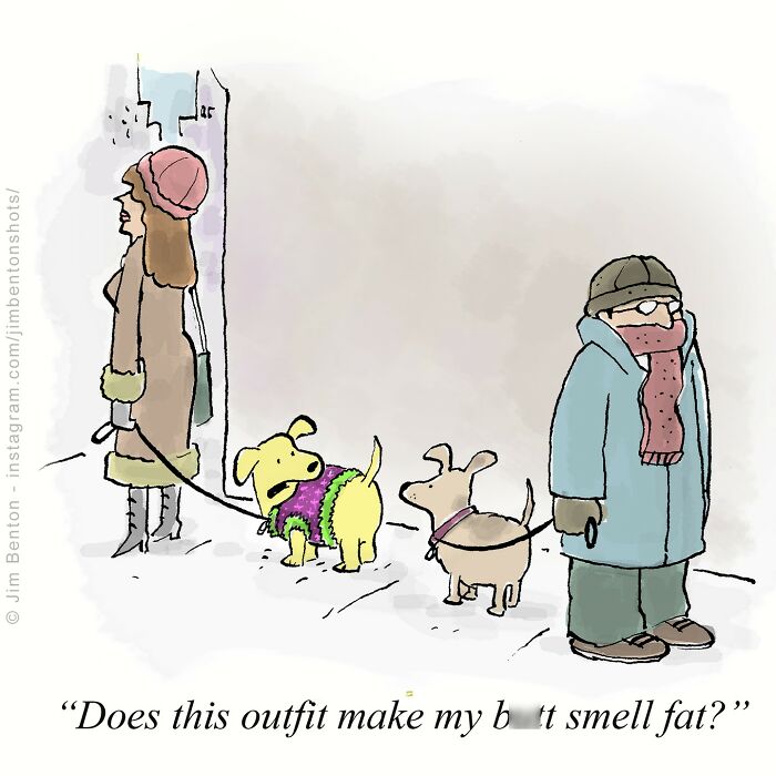 Cartoon of dogs in winter clothes with owners, imagining what dogs would say if they could talk in a humorous scene.