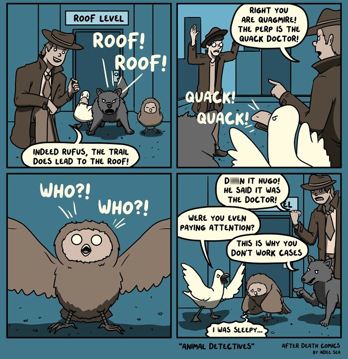Comic panels featuring quirky animal detectives with a dog, owl, duck, and humans in humorous dialogue style.