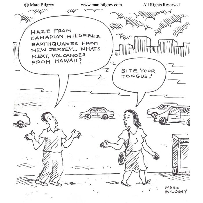 Marc Bilgrey cartoon shows a man and woman debating natural disasters with wit and irony in everyday life.