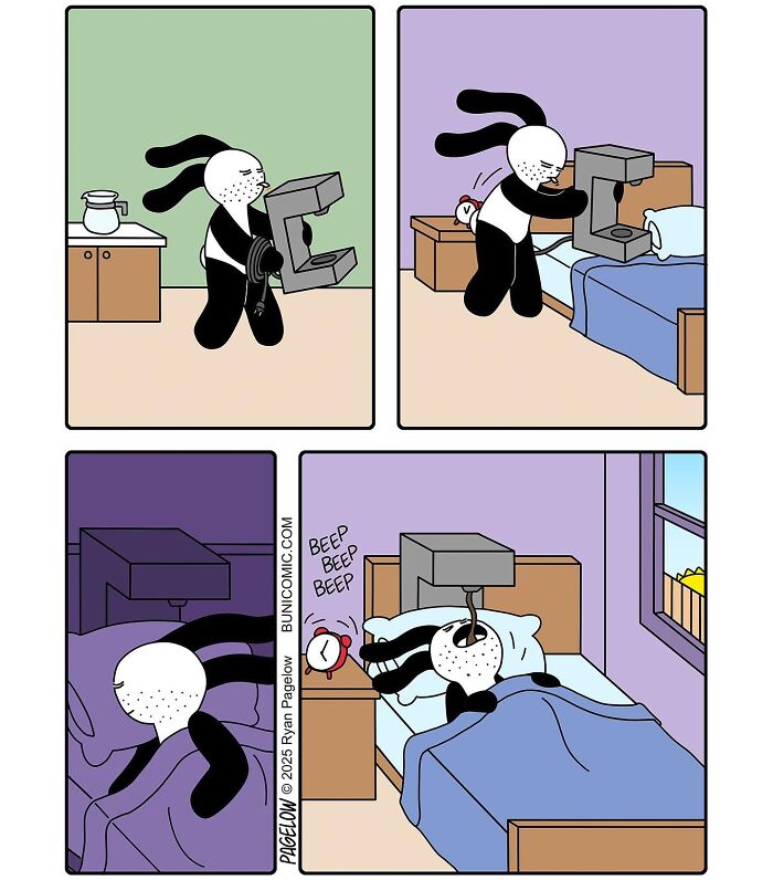 Cute comics by Buni showing a character bringing a coffee maker to bed, ending with coffee spilled in a funny mishap.