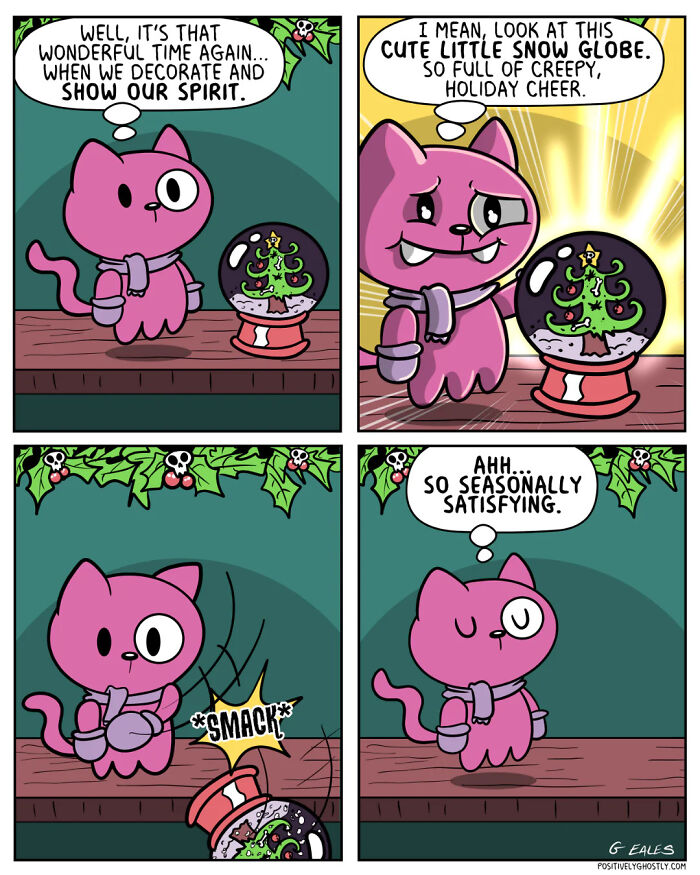 Heartwarming Positively Ghostly comic with a pink cat enjoying a creepy holiday snow globe and seasonal decorations.