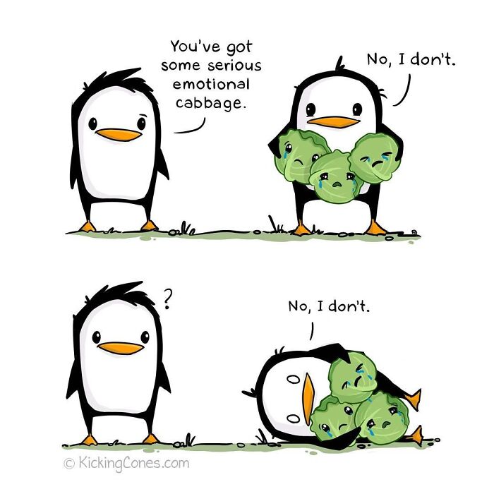 Cartoon penguins in a comic strip showing a pun about emotional cabbage, illustrating relatable comic humor.