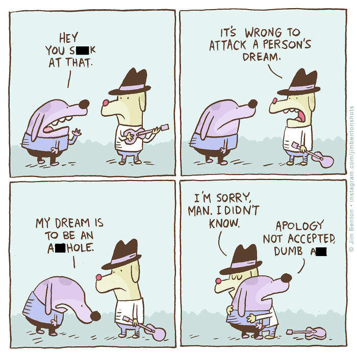 Cartoon of dogs humorously imagining what dogs would say if they could talk in everyday situations.