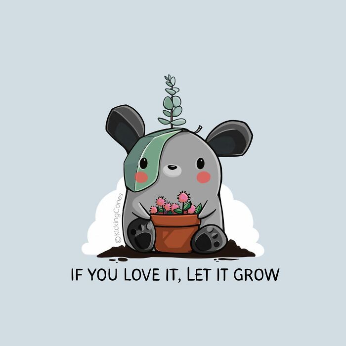 Cute humor illustration with wholesome wordplay featuring an unexpected character holding a flowerpot and a plant on its head.