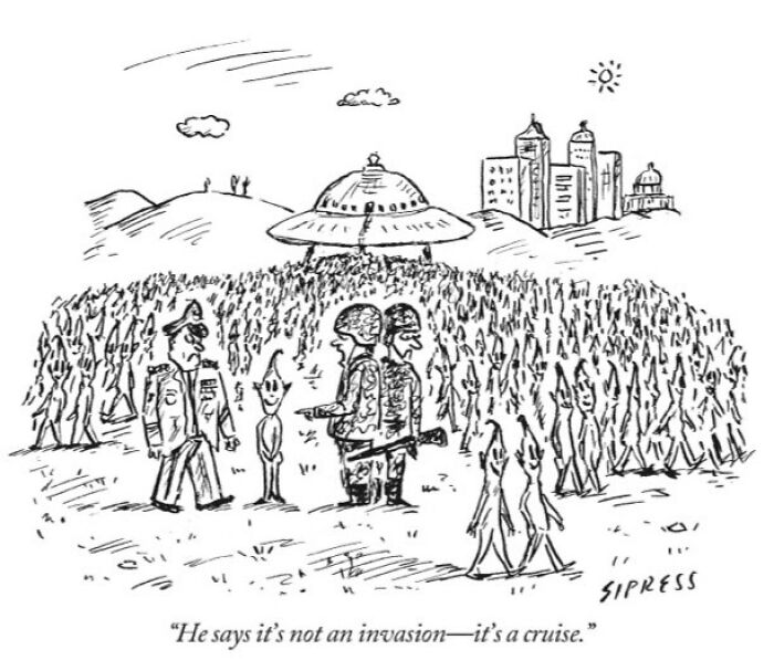 New Yorker cartoon by David Sipress showing soldiers confronting aliens with UFO near a cityscape and caption about invasion versus cruise.