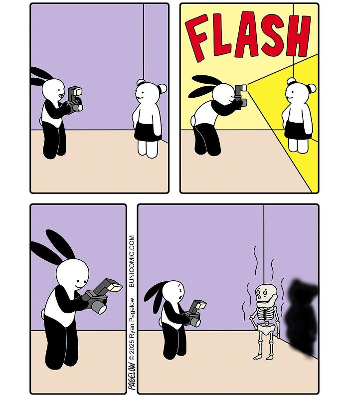 Cute comic by Buni showing a character taking a photo with a flash that harms the other character's bones.