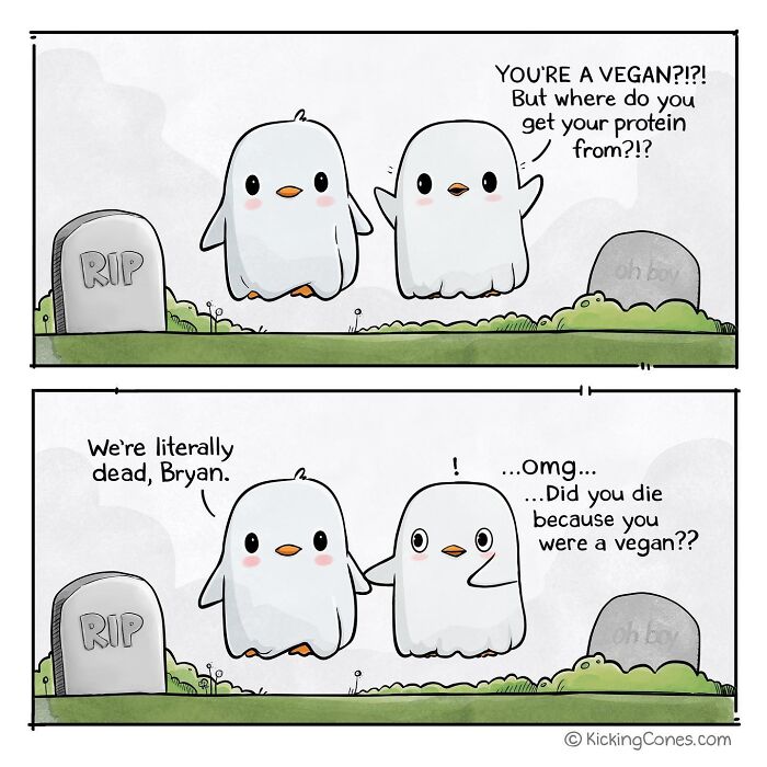 Two ghost birds having a humorous conversation about veganism next to gravestones in a relatable comic style.