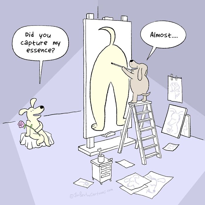 Cartoon of two dogs in an art studio with one painting the other's back, imagining what dogs would say if they could talk.