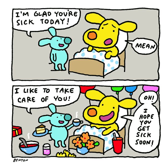 Cartoon showing dogs talking, one sick in bed while the other offers care, imagining what dogs would say if they could talk.