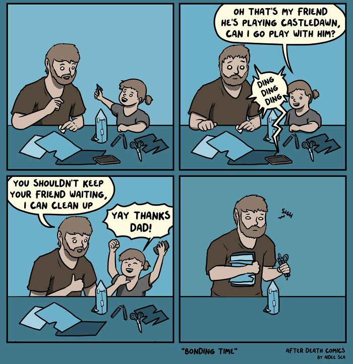 Comic strip of a father and child bonding with a quirky, slightly weird sense of humor by Aidee Sea.