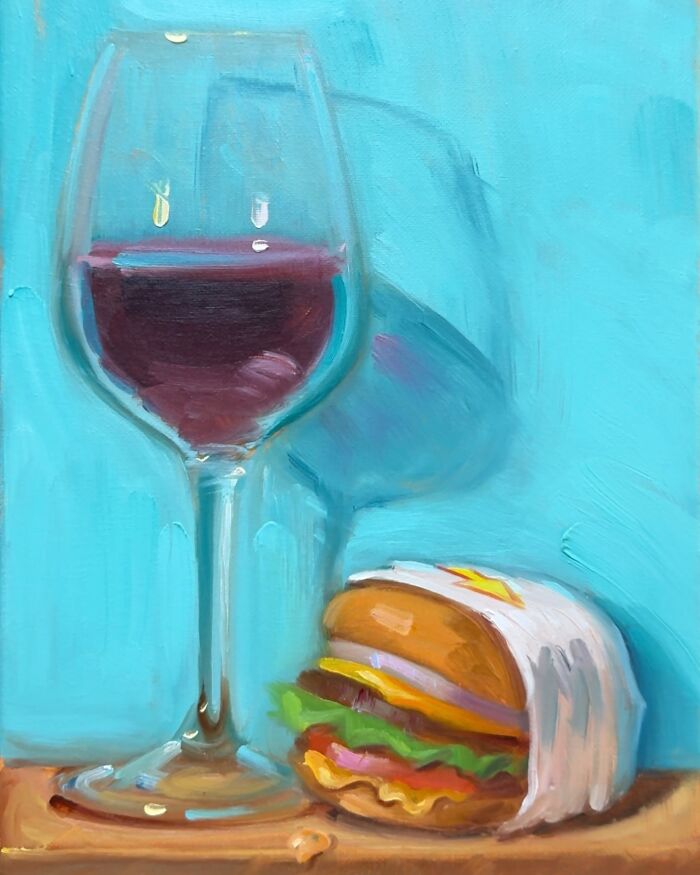 Painting of modern-day fast food burger and a glass of red wine, blending classical art style with contemporary food imagery.