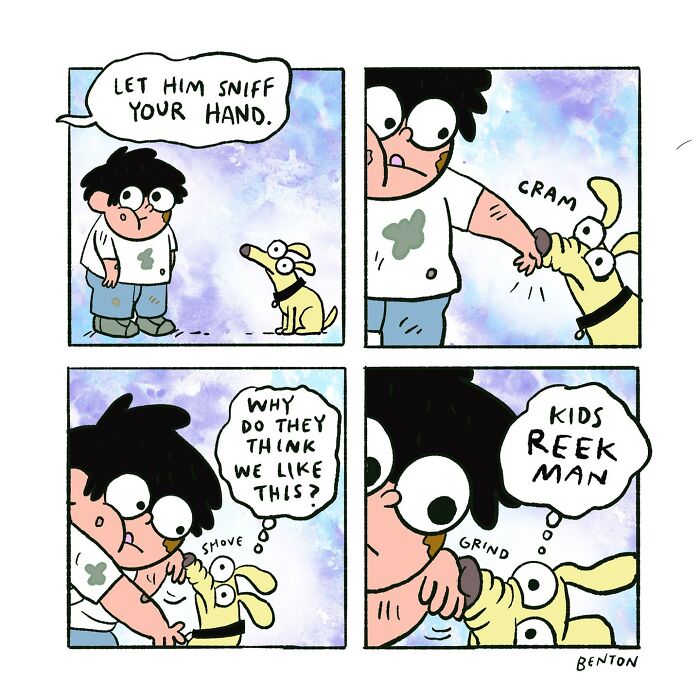Cartoon showing what dogs would say if they could talk, featuring a dog sniffing and biting a child's hand.