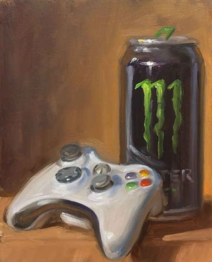 Painting of a video game controller and energy drink can, blending modern-day fast food with classical art style.