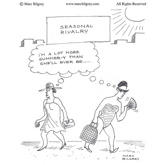 Marc Bilgrey cartoon shows two women in swimsuits competing in a witty and ironic one-panel comic about seasonal rivalry.