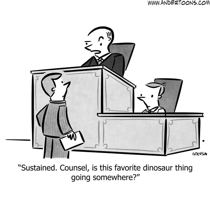 One-panel comic showing a courtroom scene that captures life’s ironies with sharp and clever humor.