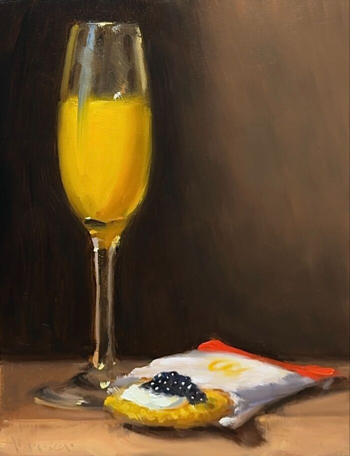 Classical art style painting of modern fast food featuring a glass of orange drink and a snack with caviar on a packet.