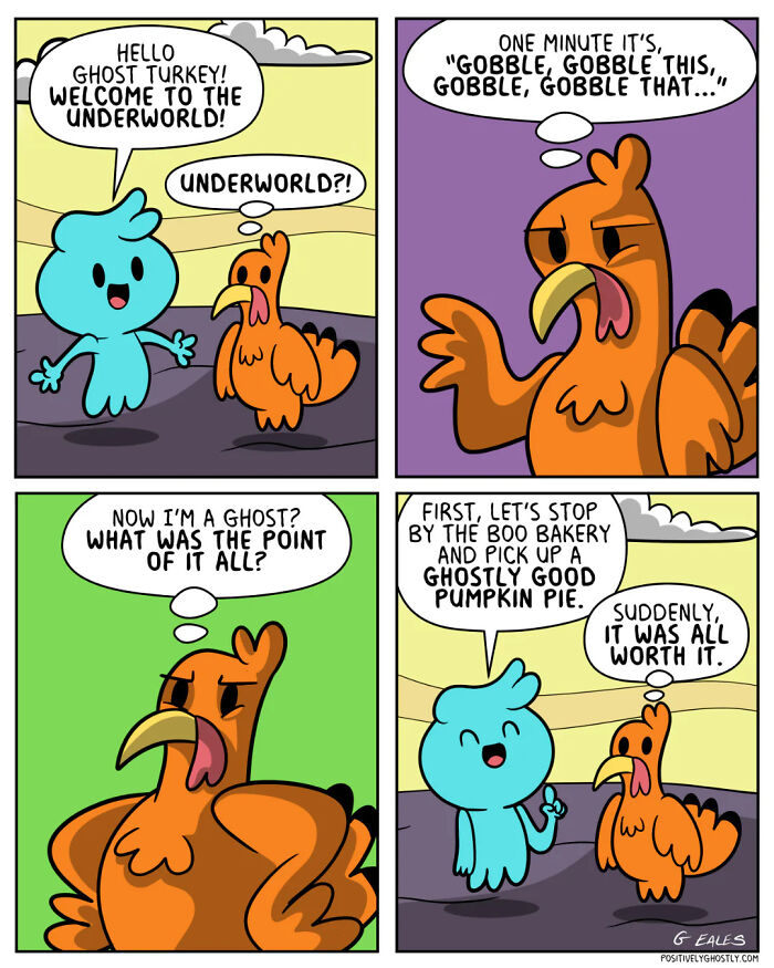 A comic from Positively Ghostly featuring a ghost and a turkey discussing the underworld and pumpkin pie.