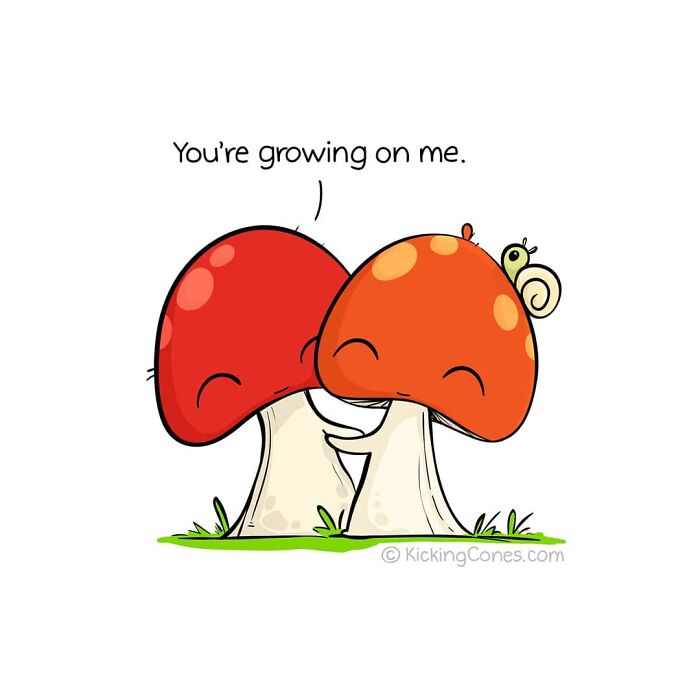 Cute humor illustration of two mushrooms with wholesome wordplay and unexpected characters smiling together.