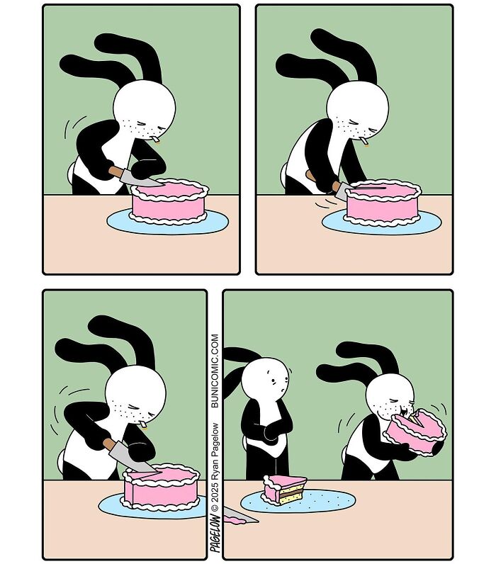 Cute comic by Buni showing a rabbit character humorously struggling with a cake in four panels.