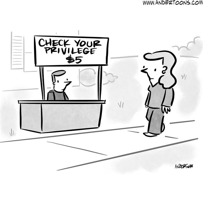 One-panel cartoon comic showing a person at a booth charging to check your privilege with sharp and clever humor.