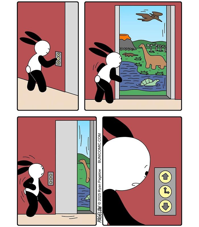 Cute comic by Buni showing a rabbit discovering a prehistoric world inside an elevator that surprises him.