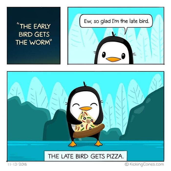 Comic panel featuring a relatable late bird character enjoying pizza, part of artist made silly and relatable comics.
