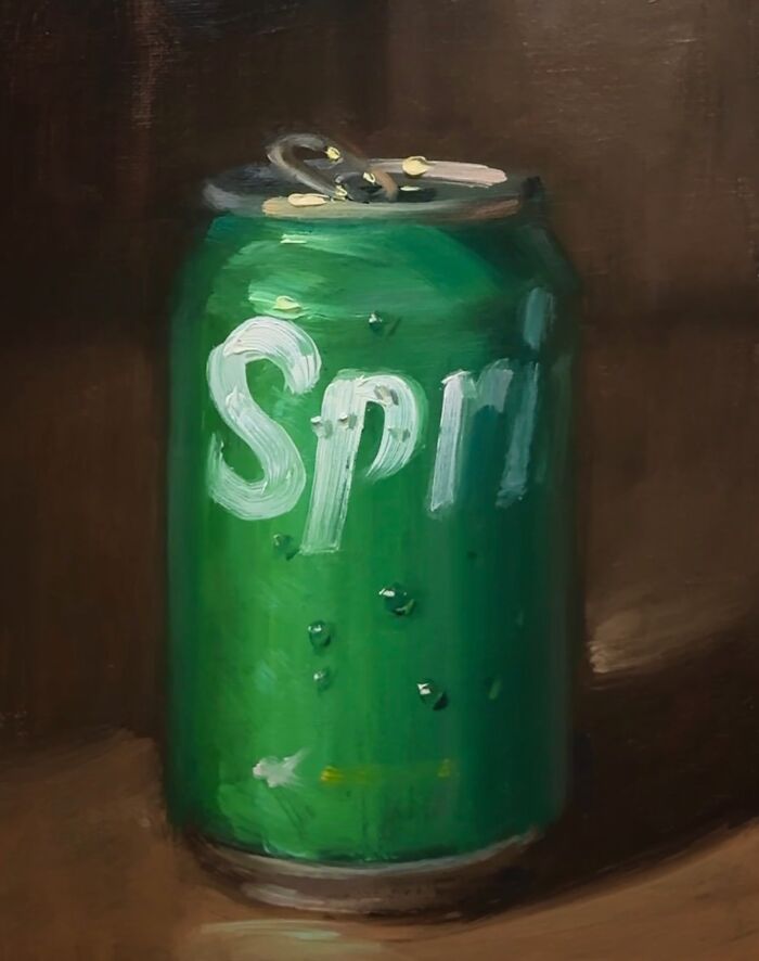 Green soda can painted in classical art style, depicting modern-day fast food imagery with detailed brushstrokes.