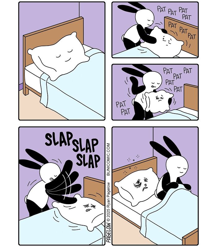 Cute comic by Buni showing a bunny patting and then slapping a sad face pillow in bed scene