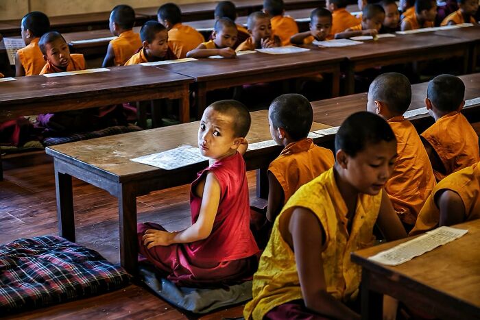 Young monks in orange robes seated at low wooden desks, capturing candid street photos of tender moments and humanity.