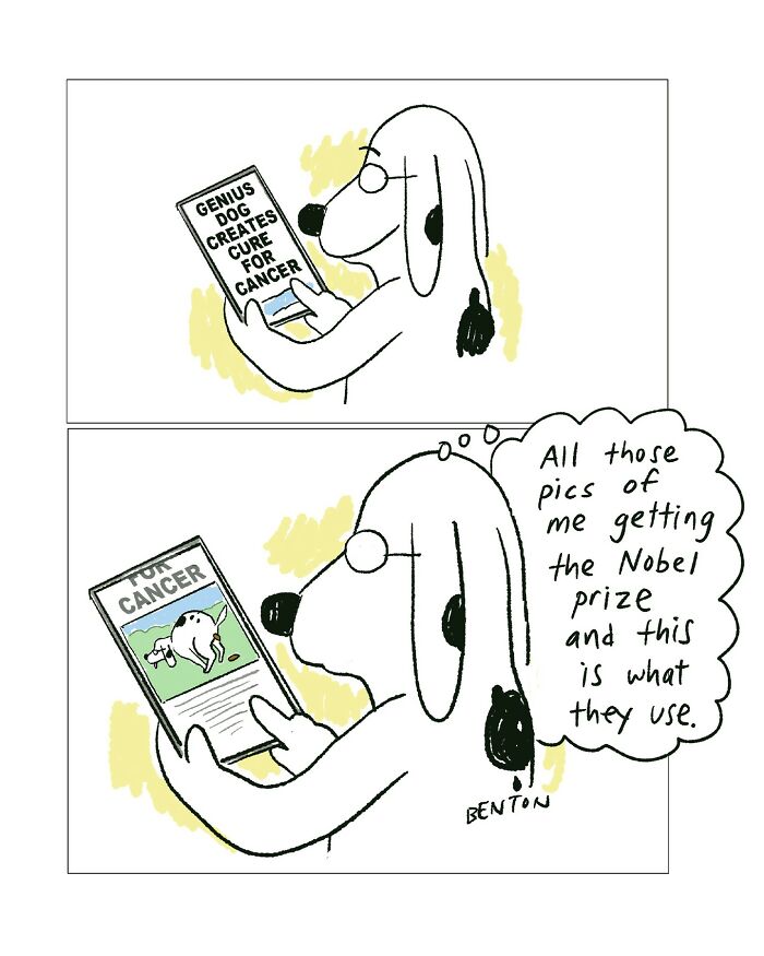 Cartoon dog reading about a genius dog creating a cancer cure, imagining Nobel prize pictures, dog cartoon humor.