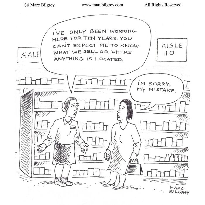 Marc Bilgrey cartoon of a retail worker humorously denying knowledge of store products in a packed aisle setting.