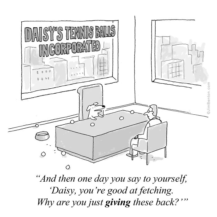 Cartoon showing a dog in an office labeled Daisy's Tennis Balls Incorporated imagining dogs talking about fetching.