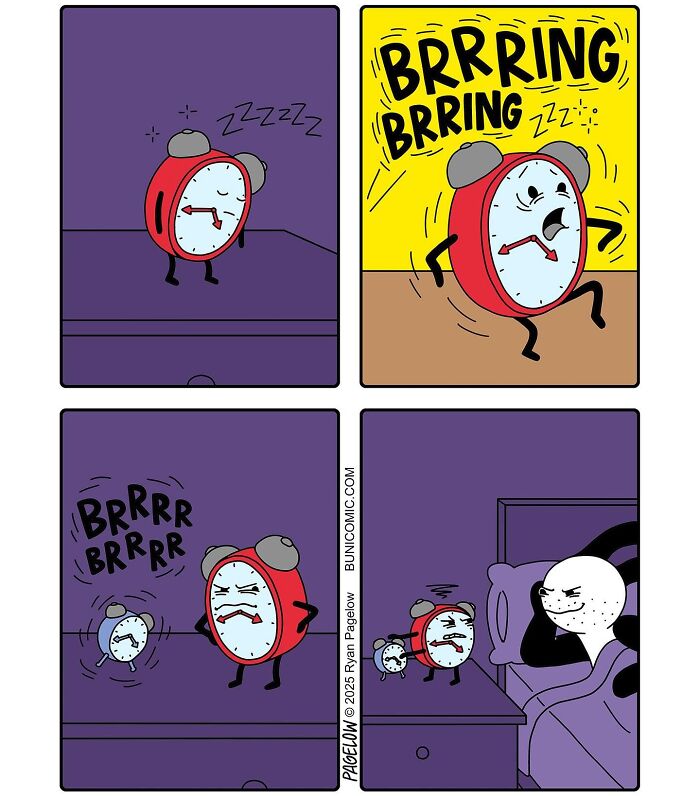 Cute comic panels by Buni showing a scared alarm clock ringing loudly next to a frustrated smaller clock.