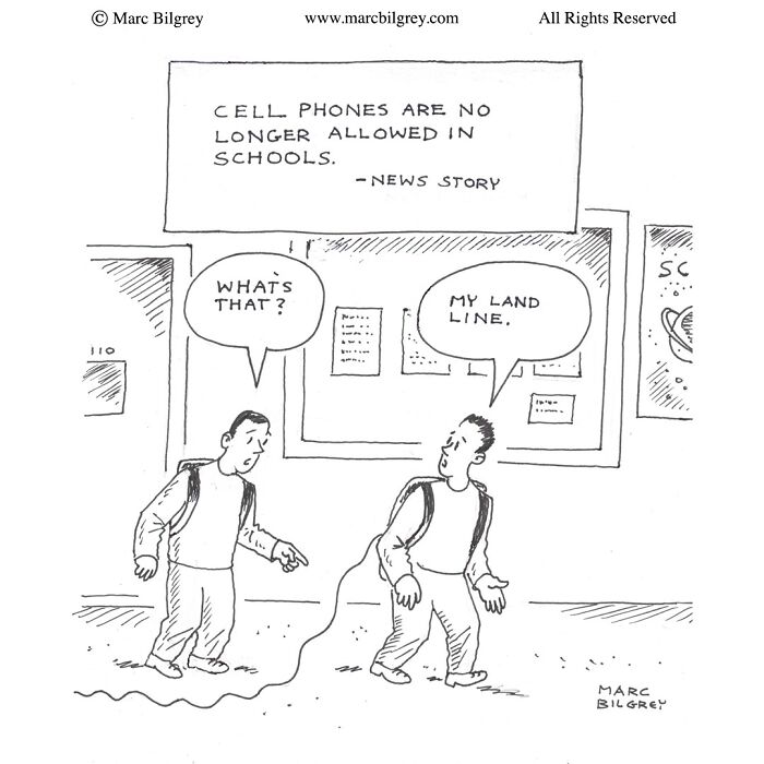 Marc Bilgrey cartoon shows two students with a landline phone, humorously addressing cell phone bans in schools.