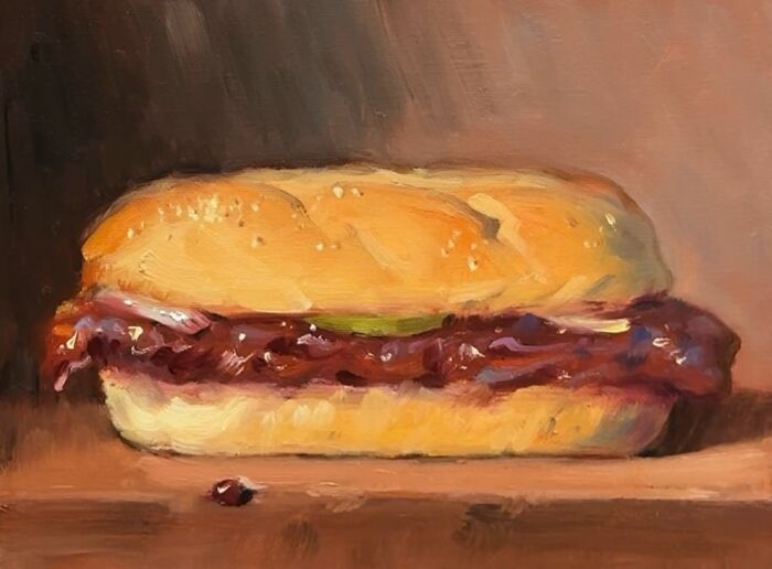 Oil painting of a fast food sandwich with barbecue sauce on a bun, blending modern-day fast food with classical art style.