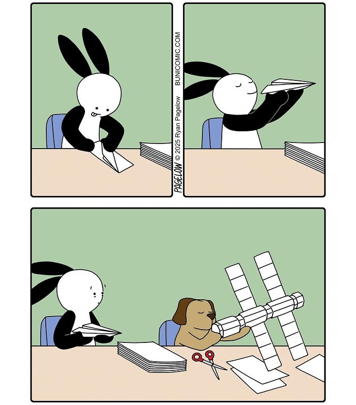 Cute comics by Buni show a rabbit making paper planes and a dog turning one into a large paper creation.