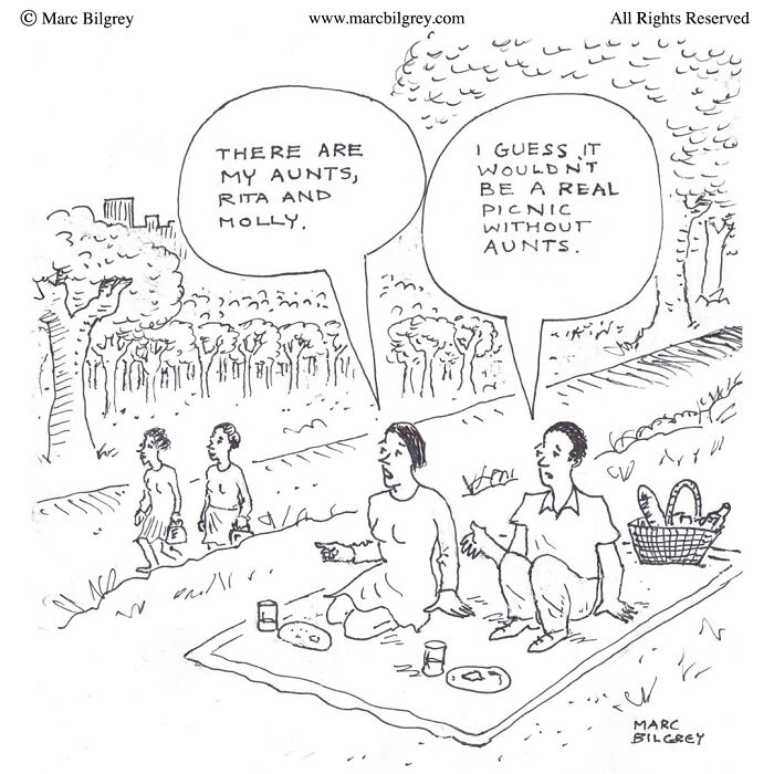 Marc Bilgrey cartoon showing a picnic scene with witty dialogue about aunts in a humorous one-panel style.