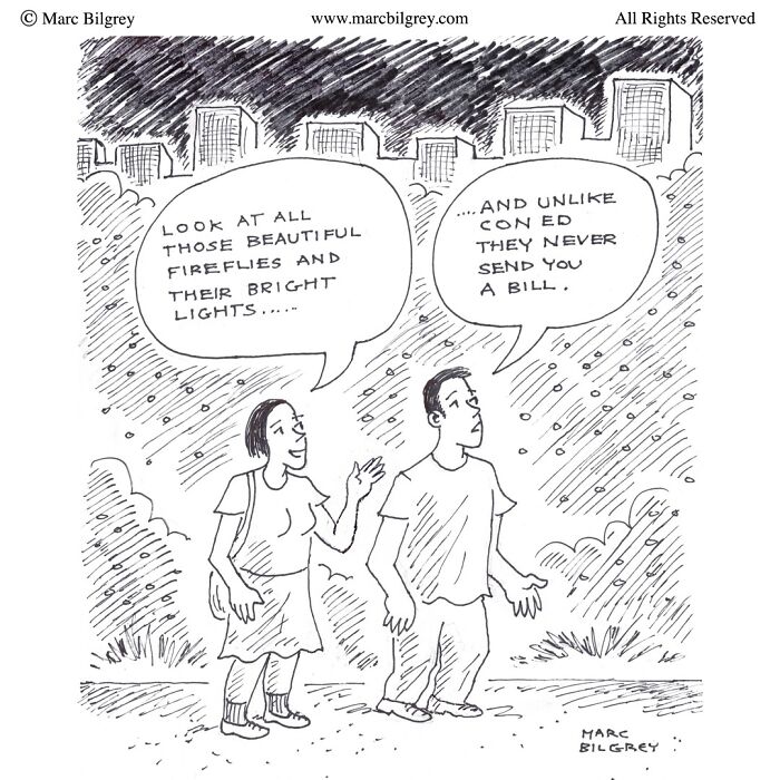 Marc Bilgrey cartoon shows two people admiring city lights humorously compared to fireflies without bills in a witty one-panel cartoon.
