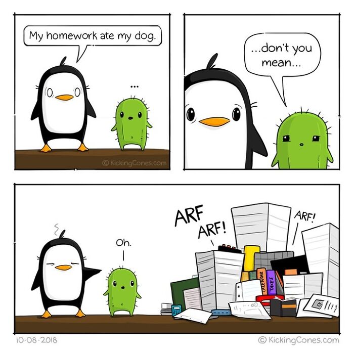 Penguin and cactus characters in a comic strip illustrating silly and relatable moments about homework excuses.