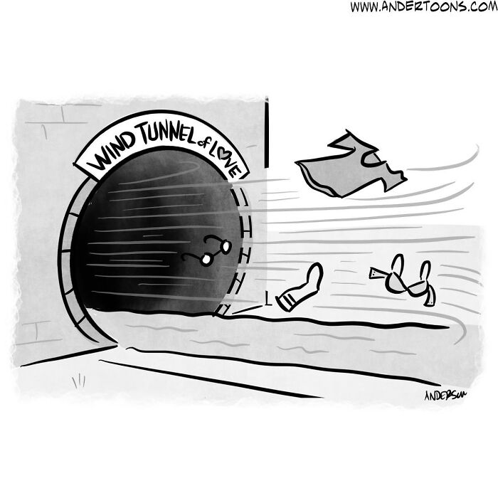 One-panel cartoon shows a wind tunnel labeled love blowing shoes and clothes, capturing life’s ironies with clever humor.