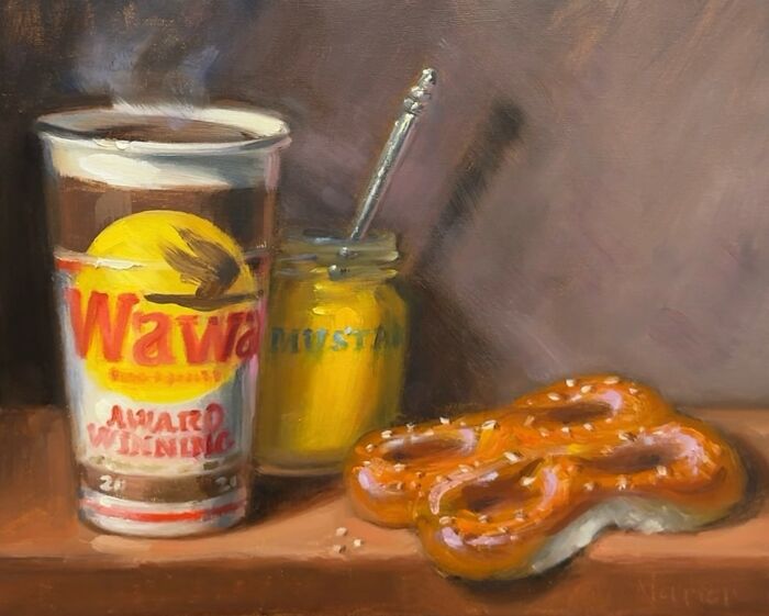 Still life painting of modern fast food including coffee, mustard jar, and pretzel portrayed through a classical art lens.