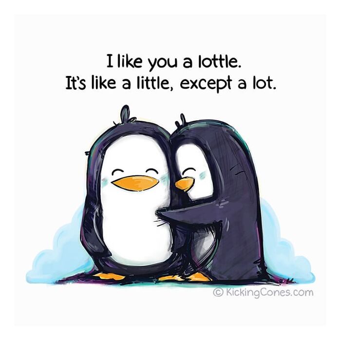 Cute humor illustration of two penguins hugging with wholesome wordplay expressing affection and making you smile.
