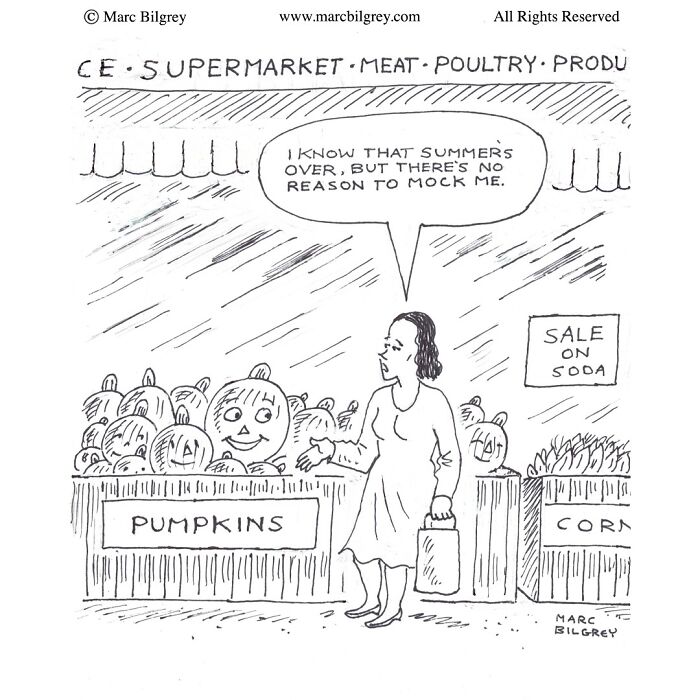 Marc Bilgrey cartoon shows a woman talking to a pumpkin in a supermarket, blending everyday life with witty irony.